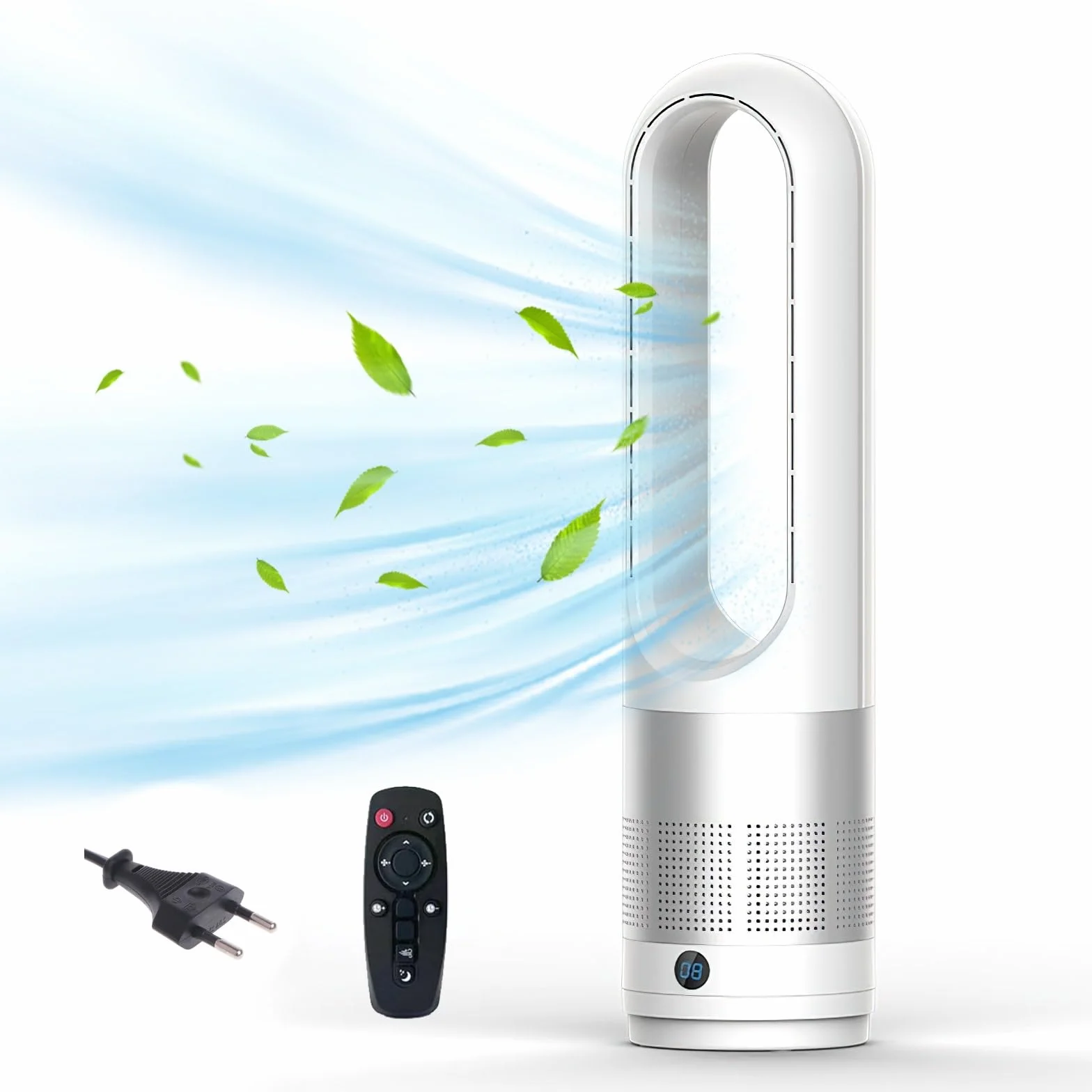 Ventilador sin pala, ventilador de columna silencioso, ventilador de suelo oscilante a 80, con temporizador de 8 horas, mando a distancia, ahorro de energía, para dormitorio, oficina (gris)