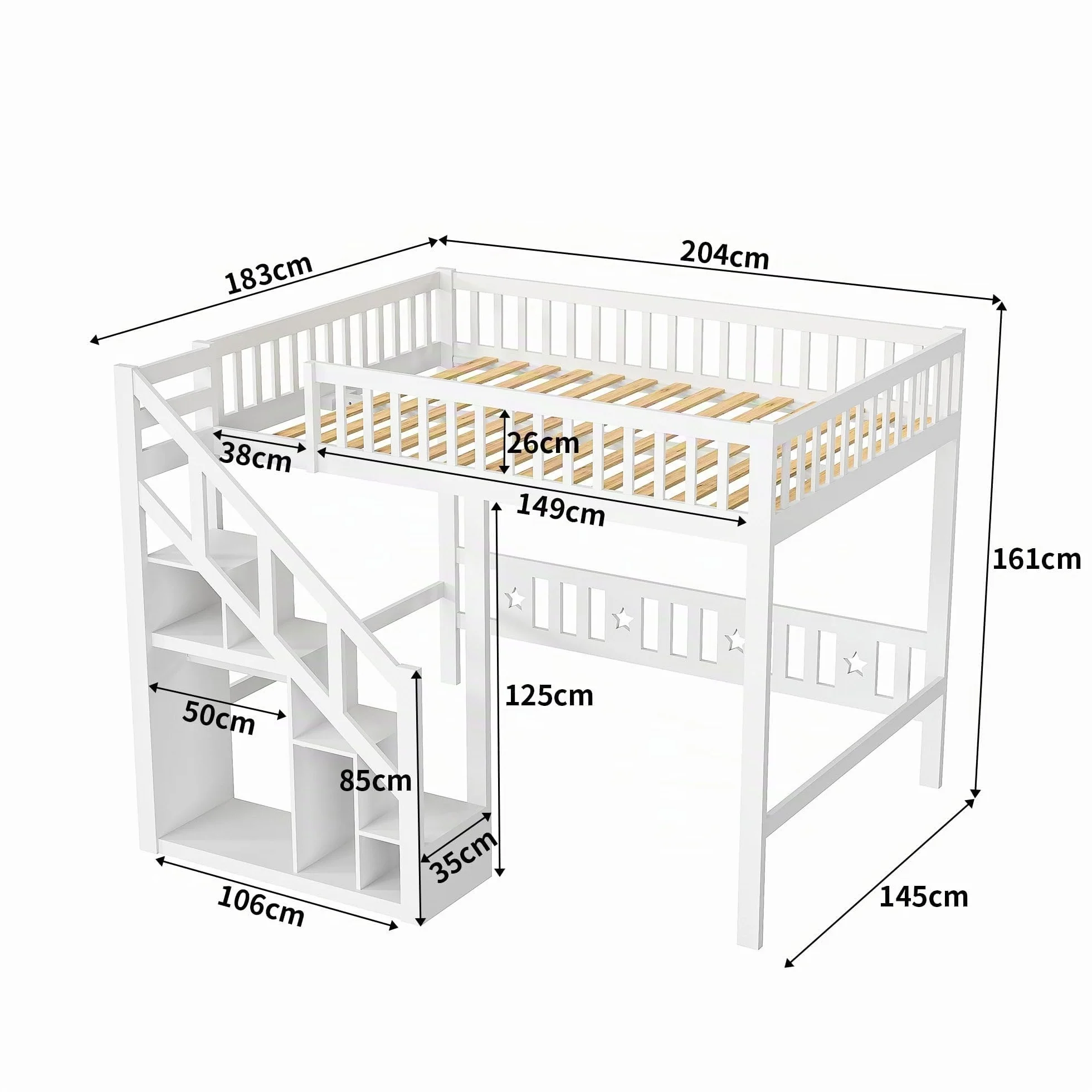 Cama Alta 140x200 cm para Niños y Adolescentes, Cama Elevada de Madera de Pino con Escalera de Almacenamiento y Barandilla de Seguridad, Estructura Juvenil Ahorro de Espacio, Blanco