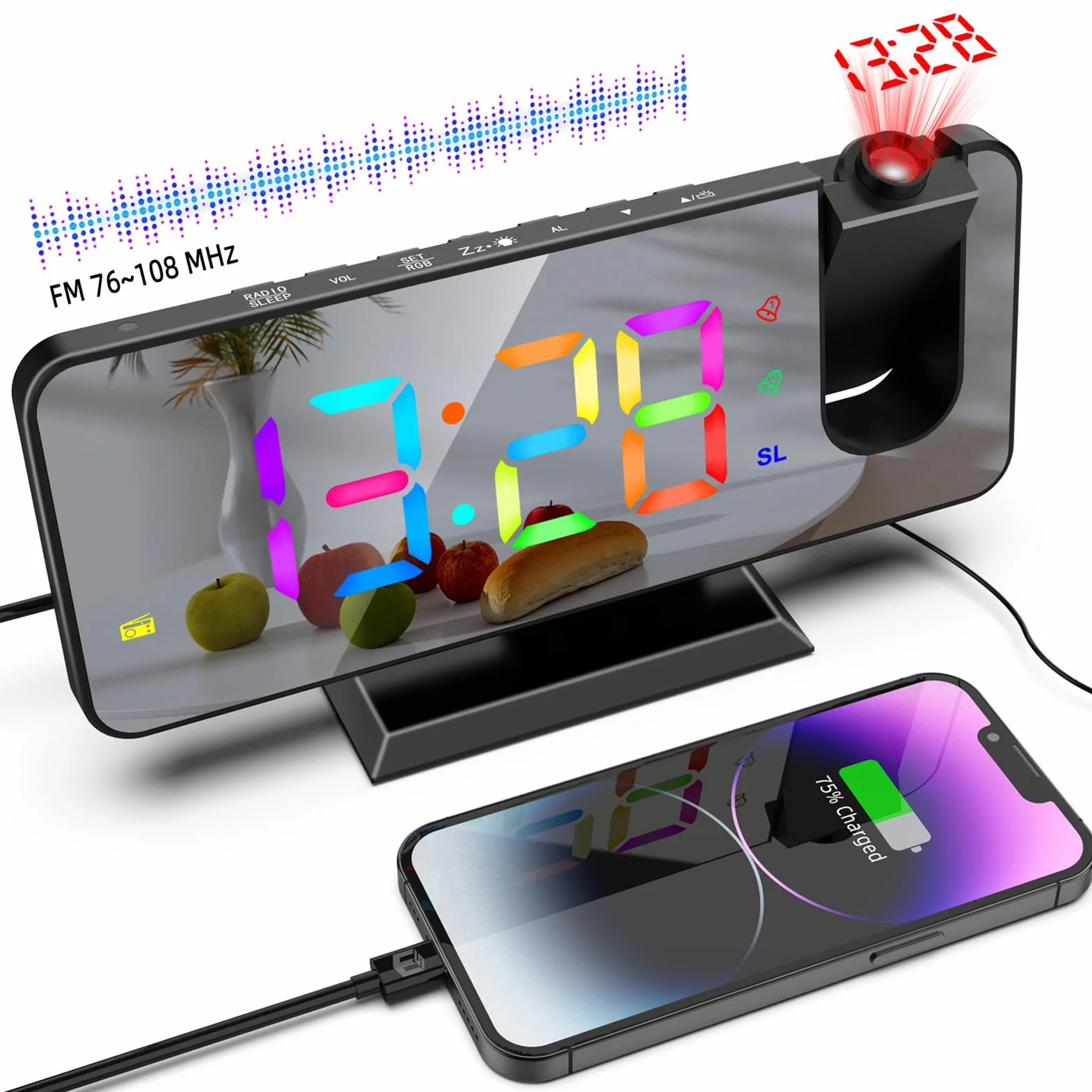 ThreeH Reloj Despertador Proyección Reloj Despertador Radio RGB en el Techo Proyector Giratorio de 180 ° Reloj Colorido Digital para Dormitorio Puerto de Carga USB Pantalla Espejo Negro