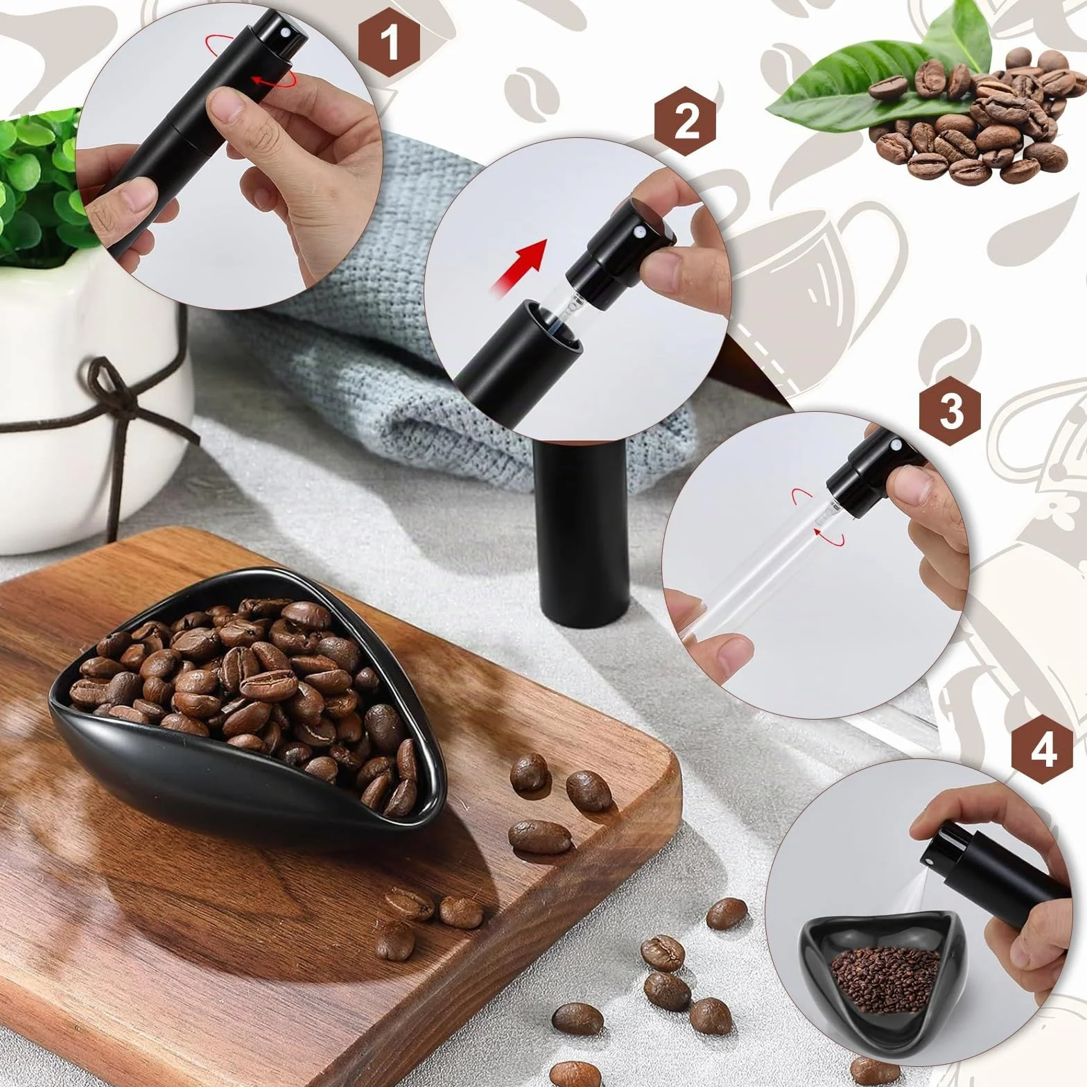 Juego de 3 vasos dosificadores de granos de café, color negro, juego de herramientas, incluye herramienta Wdt de madera, taza de café y botella de spray RDT para café, té y regalos
