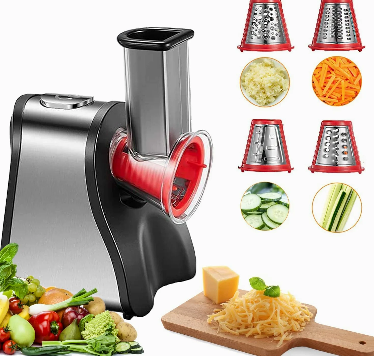 FOHERE Rallador Eléctrico, Cortador de Verduras Eléctrico con 3 Conos | para Cortar en Rodajas, Tiras o Ralla, Operación de un Solo Toque, Fácil Limpieza, Rojo