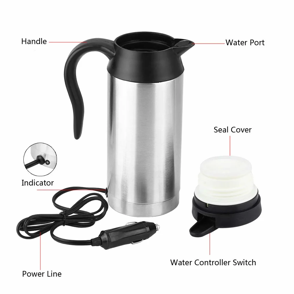 Caldera de viaje, 750ml 12V acero inoxidable portátil caldera de coche eléctrico, taza de café del coche con el encendedor de cigarrillos Cargador caldera eléctrica taza de agua caliente para el agua