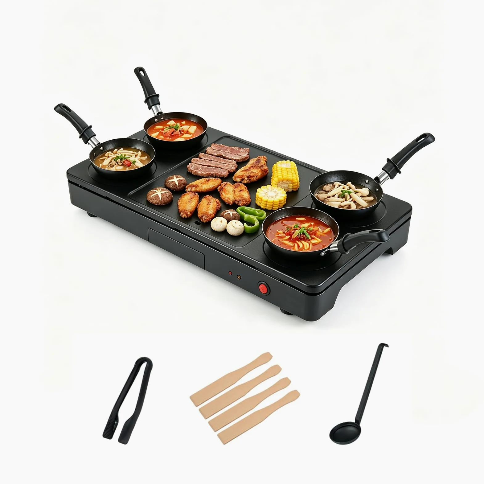 LIFEZEAL 2 en 1 Plancha Eléctrica, Grill Raclette para Familia&Grupos | Placa de cocina eléctrica con 4 woks antiadherentes, pinza para parrilla, cuchara, 4 espátulas de madera y bandeja de grasa