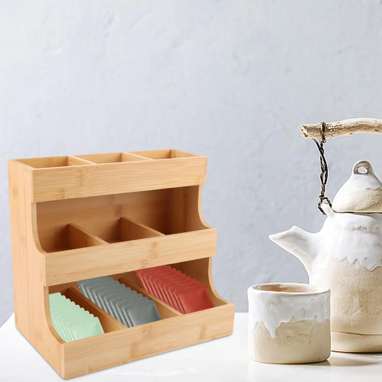 26 x 17 x 24 cm Organizador de bolsas de té de bambú, caja de té de madera con 9 compartimentos de almacenamiento, soporte para bolsas de té de bambú, almacenamiento de té, organizador vertical