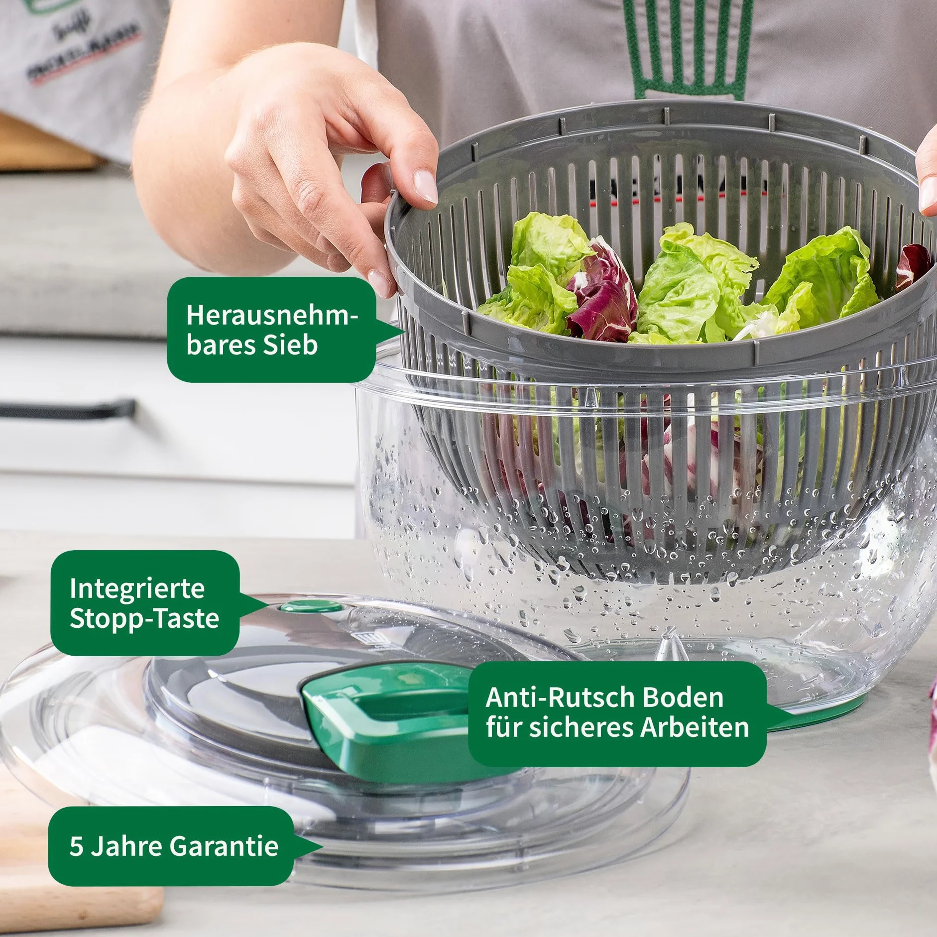 FACKELMANN Centrifugador de ensalada con cuerda y botón de parada, para lavar, secar y servir ensalada sin esfuerzo, incluye práctico cable y colador extraíble