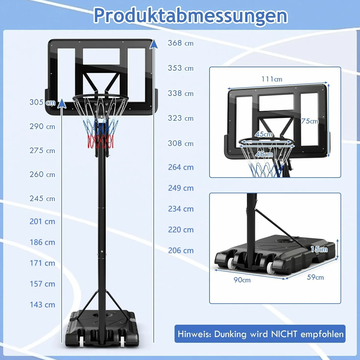 GOPLUS Canasta de Baloncesto Portátil Altura Ajustable 245-305 cm Base Rellenable Exteriores Interiores
