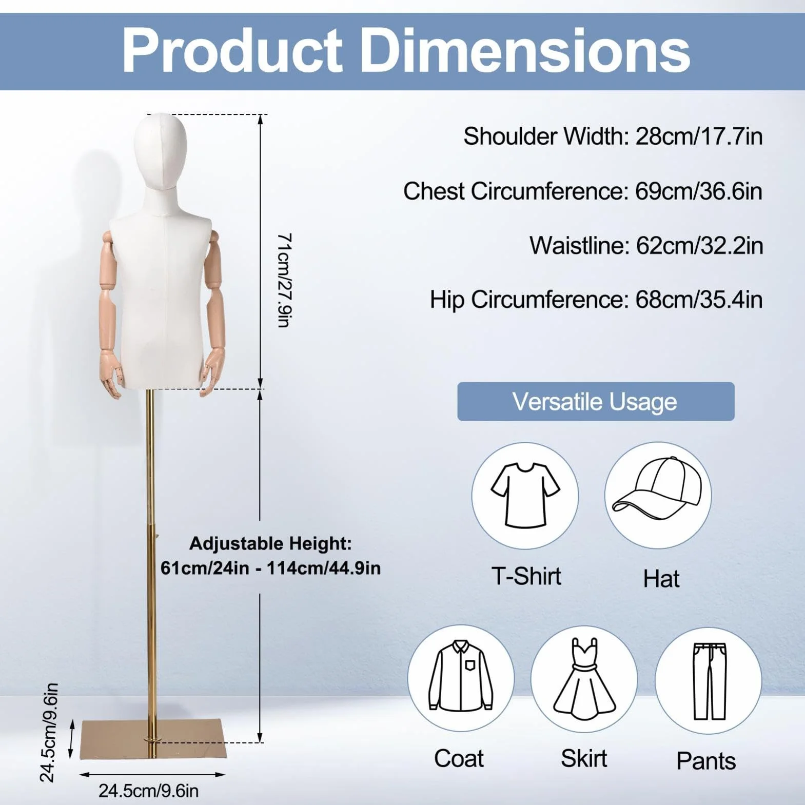 Maniquies Infantiles Ajustable de 132 a 185 cm Soporta 30 kg Brazos de Plásticos Duro Base Cuadrada Antideslizante –Ideal para Escaparates