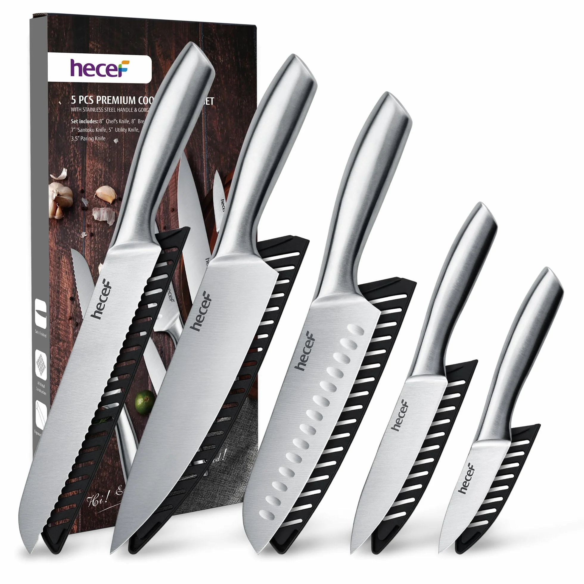 Juego de Cuchillos de Cocina Profesional 5 Piezas, Acero Inoxidable con Fundas