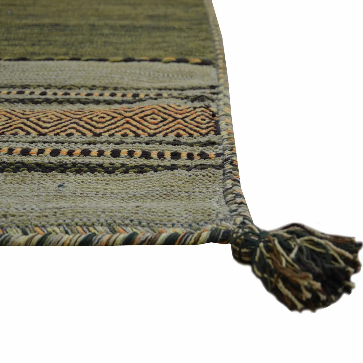 Alfombra ANTIQUE-KILIM verde tejida a mano en algodón y chenilla, 70 x 140 cm