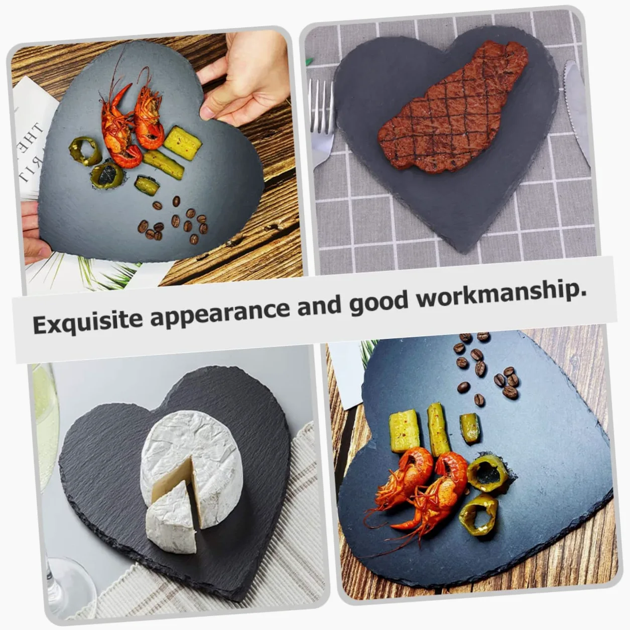 SECFOU Plato de Pizarra en Forma de Corazón Negro 4 Pulgadas, 3 Piezas | Piedra Natural, Estilo Europeo Rústico, para Hotel y Restaurante Occidental