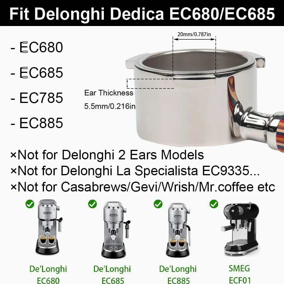CAPFEI Portafiltro sin fondo, 51 mm, solo compatible con DeLonghi Dedica EC680/EC685/EC885 con 3 orejas, cesta de filtro de 0,3 mm poros, color mango de madera