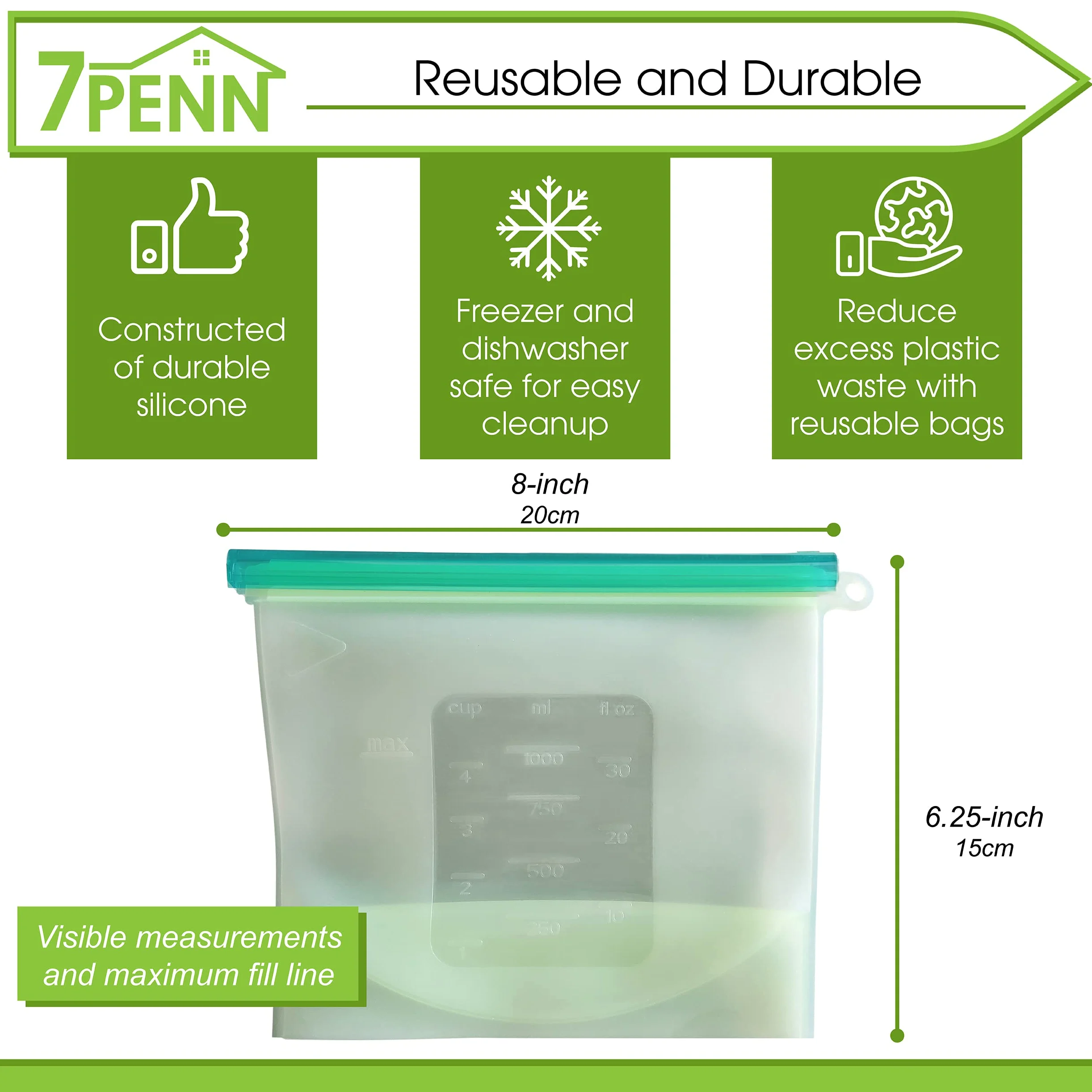 7Penn Bolsa de almacenamiento de alimentos de silicona, 1000 ml, 1 paquete lavable de 8 x 6.2 pulgadas, bolsas reutilizables verdes para bocadillos y aperitivos