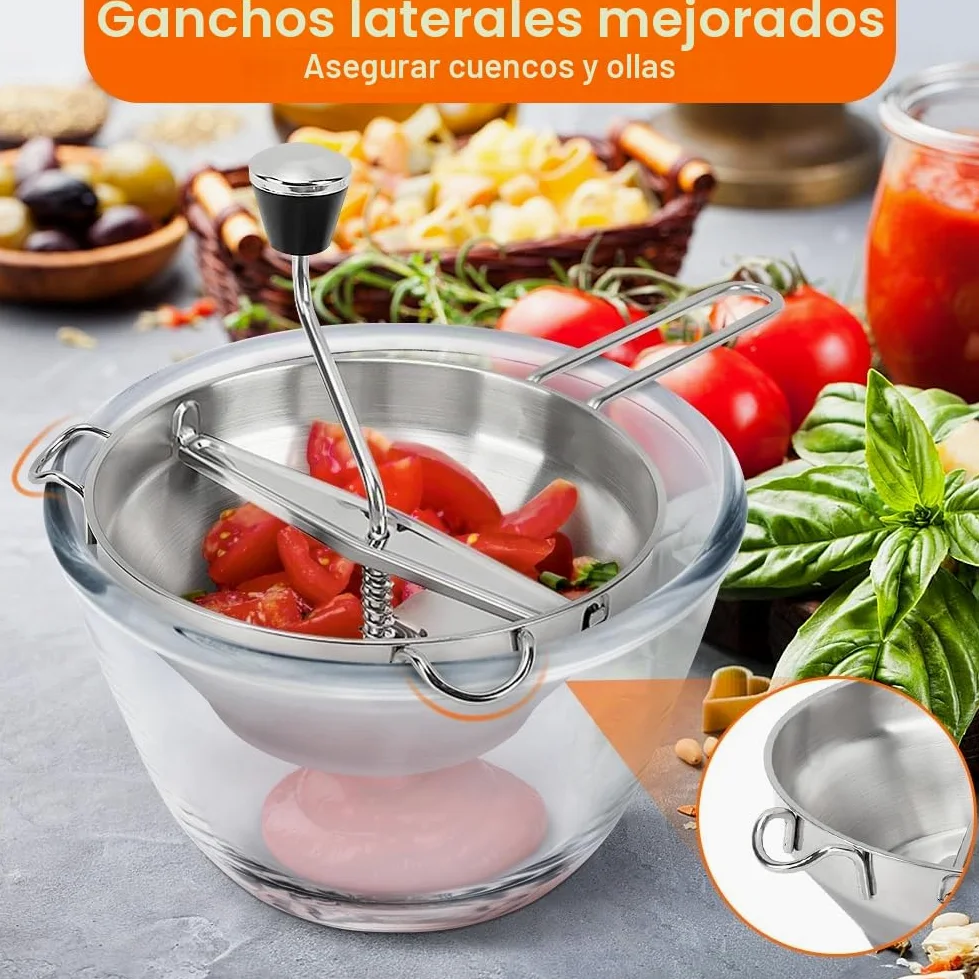 Molinillo de alimentos de acero inoxidable, prensa de patatas con 3 placas de trituración intercambiables, trituradora manual de alimentos, molinillo de cocina para macerar, tamizar frutas