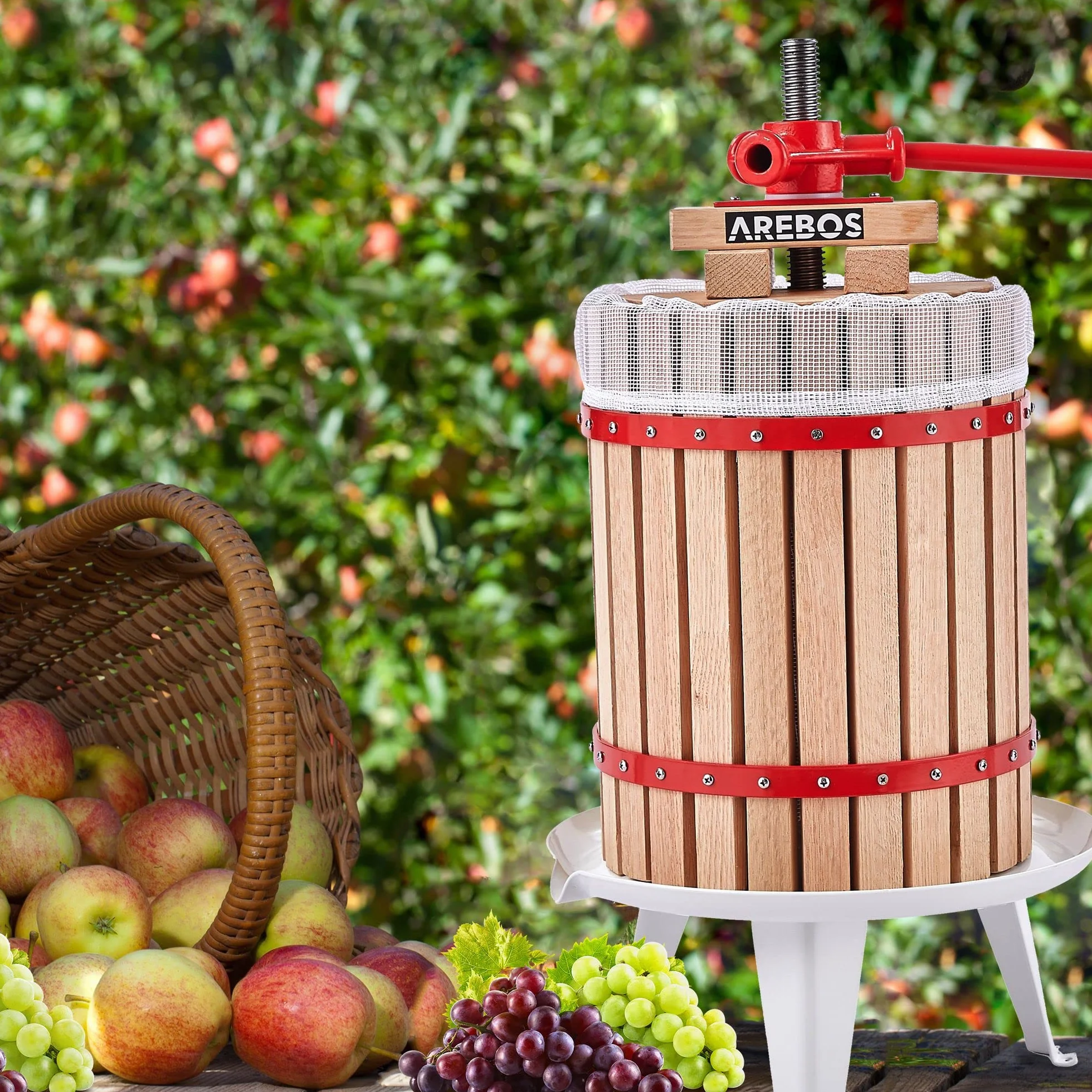 Arebos Prensa de Frutas 18L | Exprimidor Manual I Prensa de Bayas Incl. Tela de prensar, Placa de presión y husillo metálico I para Todo Tipo de zumos y Verduras