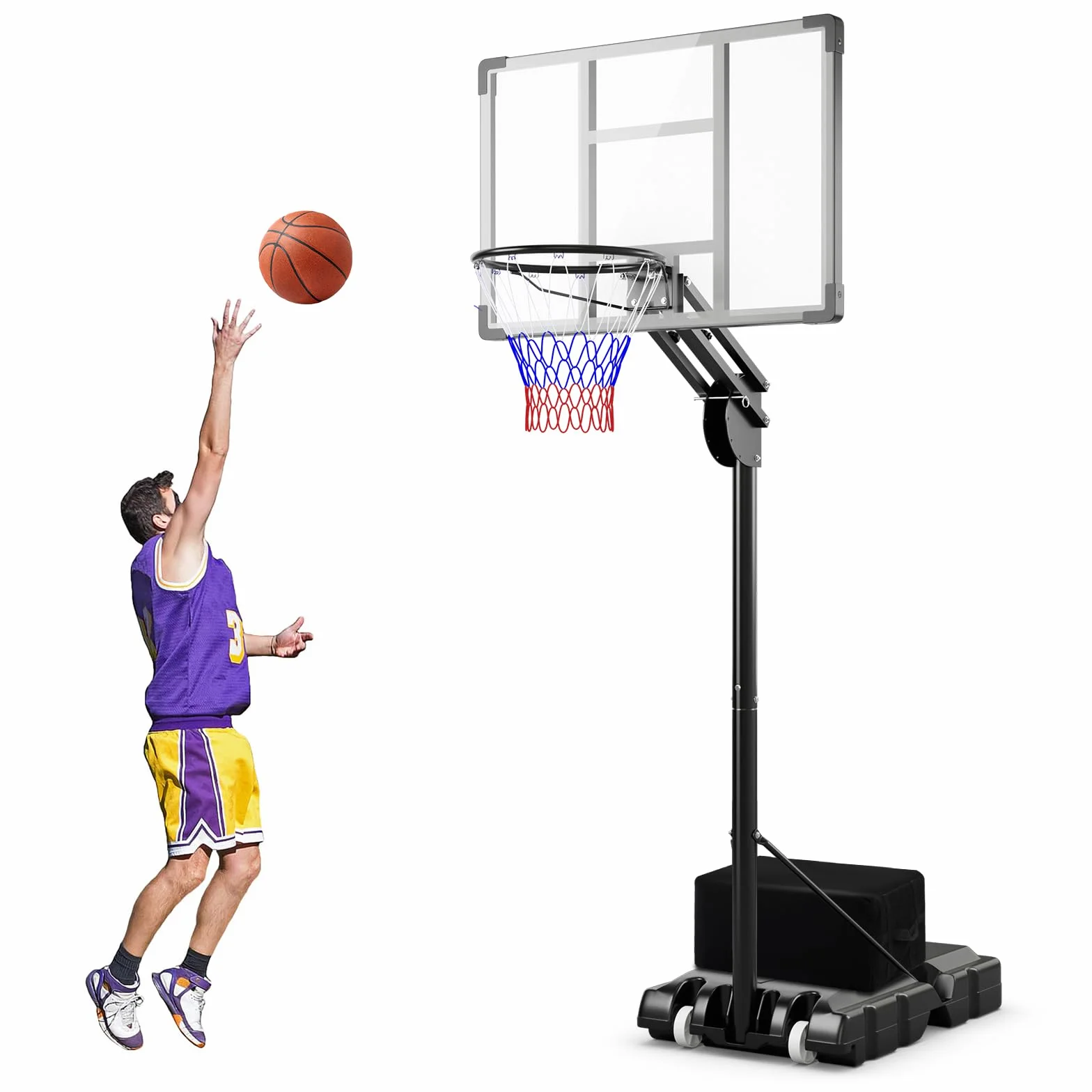 COSTWAY Canasta de Baloncesto Altura Ajustable 10 Niveles 1,49-3,05 M Exterior Interior 2 Ruedas Base Rellenable