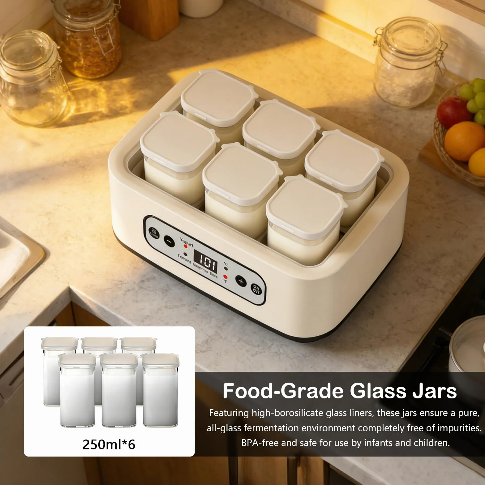 Yogurtera, Máquina para Hacer Yogur de 1,6 L con 6 Tarros de 250 ml Yogurtera con Temporizador de 1 a 99 Horas Control de Temperatura de 21 a 48 °C y Pantalla LCD para Yogur Natto y Vino de Arroz