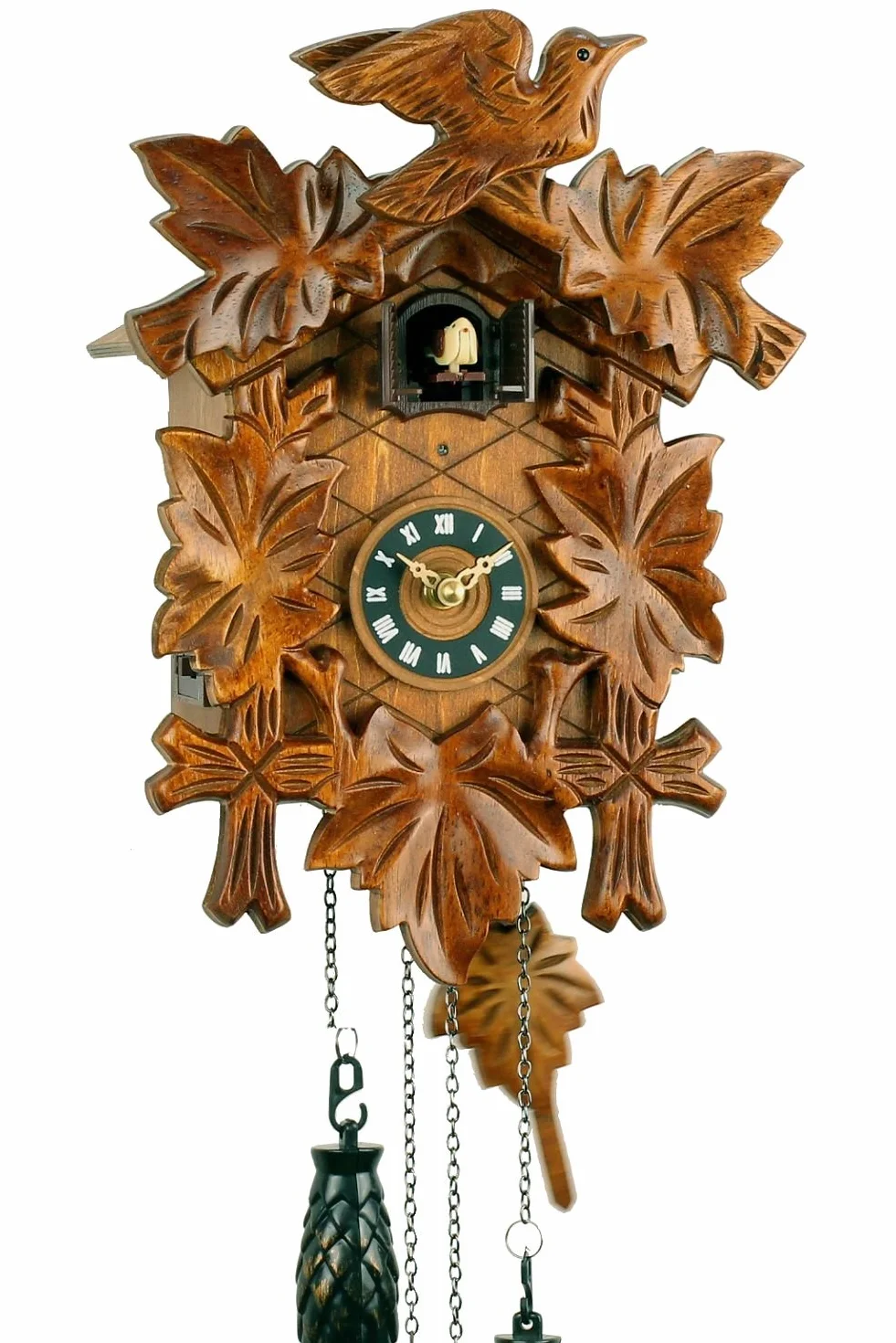 Reloj de cuco de madera con mecanismo de cuarzo que funciona con pilas y con sonido de cuco y mecanismo musical de Eble, diseño de hojas 30 cm