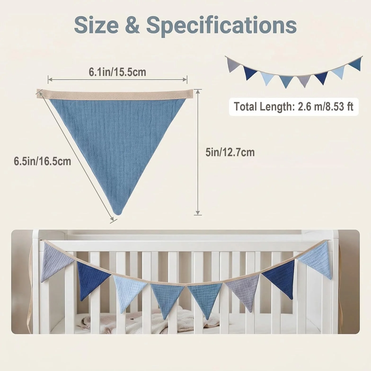 Guirnalda de banderín de algodón suave, guirnalda de banderines de gasa para decoración de habitación infantil, cama de casa y pared de fiesta, ideal como regalo perfecto (azul)