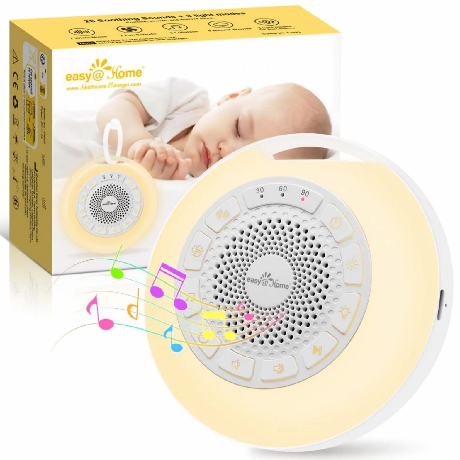 Easy@Home Máquina de Ruido Blanco para Dormir Bebé 26 Sonidos Relajantes Luz Nocturna Ajustable 7 Colores Temporizador Recargable Tipo-C Blanco