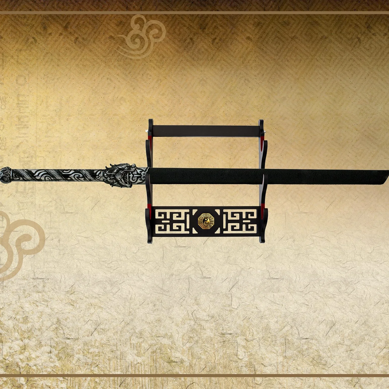 Soporte de Espada Katana Montaje en Pared Samurai Marco Rojo Terciopelo 1 Capa Estilo Bagua