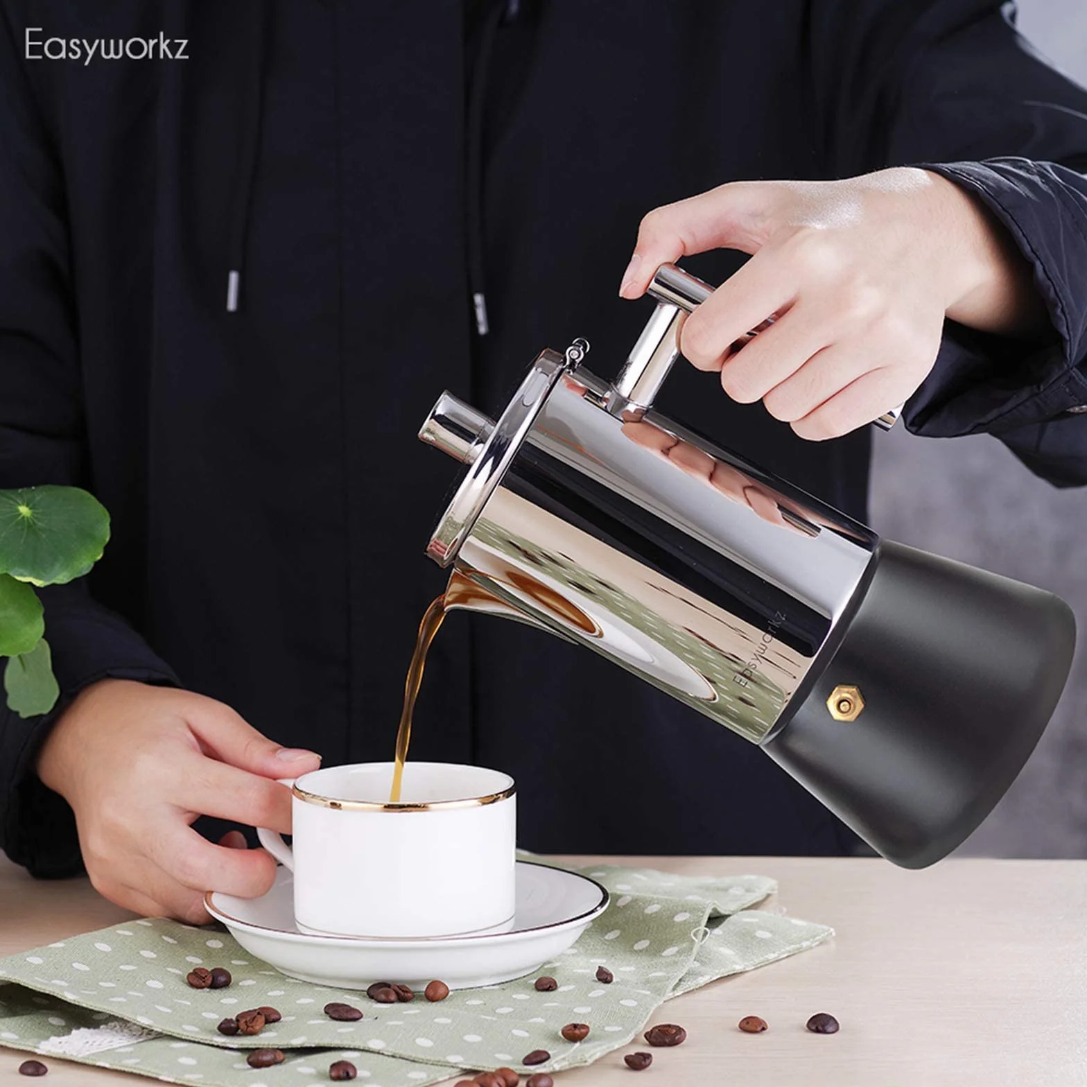 Easyworkz Diego Cafetera Italiana de Acero Inoxidable para Cocina de inducción,520 ml, 10-12 Tazas,Negro