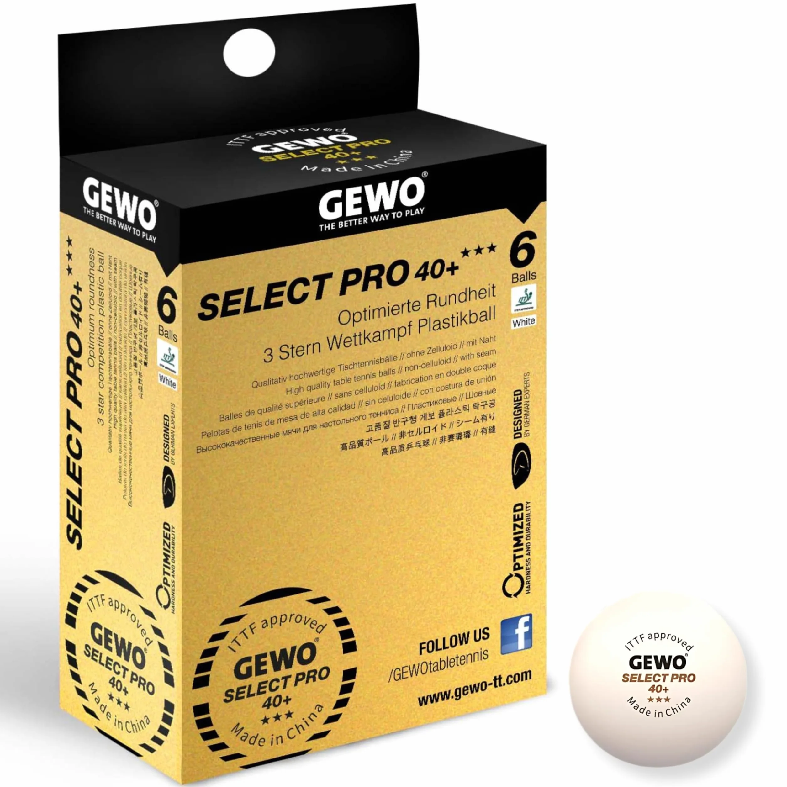 GEWO Select Pro Pelotas de Ping Pong de Mesa 3 Estrellas 40+ ITTF 40 mm Blanco 6 Unidades