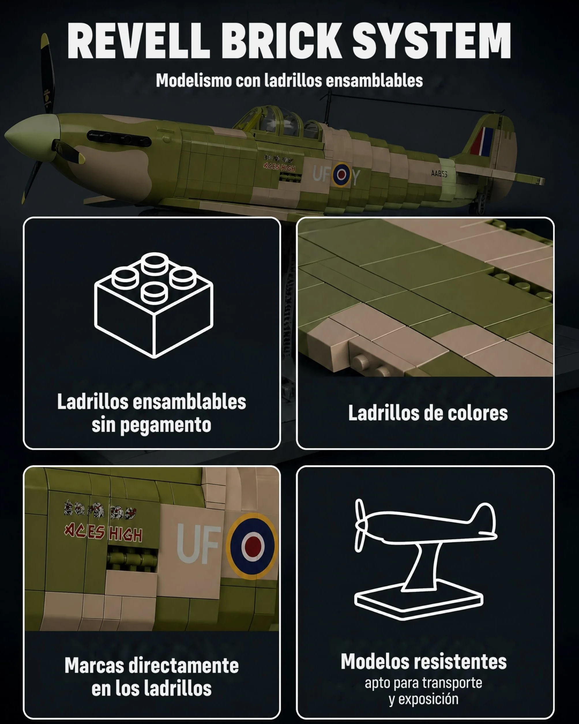 Revell Brick System 00962 Iron Maiden Spitfire MK.II Aces High - Kit de Modelo de ladrillo - Escala 1:18 sin Construir, 52.5 cm de Longitud, más de 2.500 Piezas, Incluye Figura de Eddie, Soporte de
