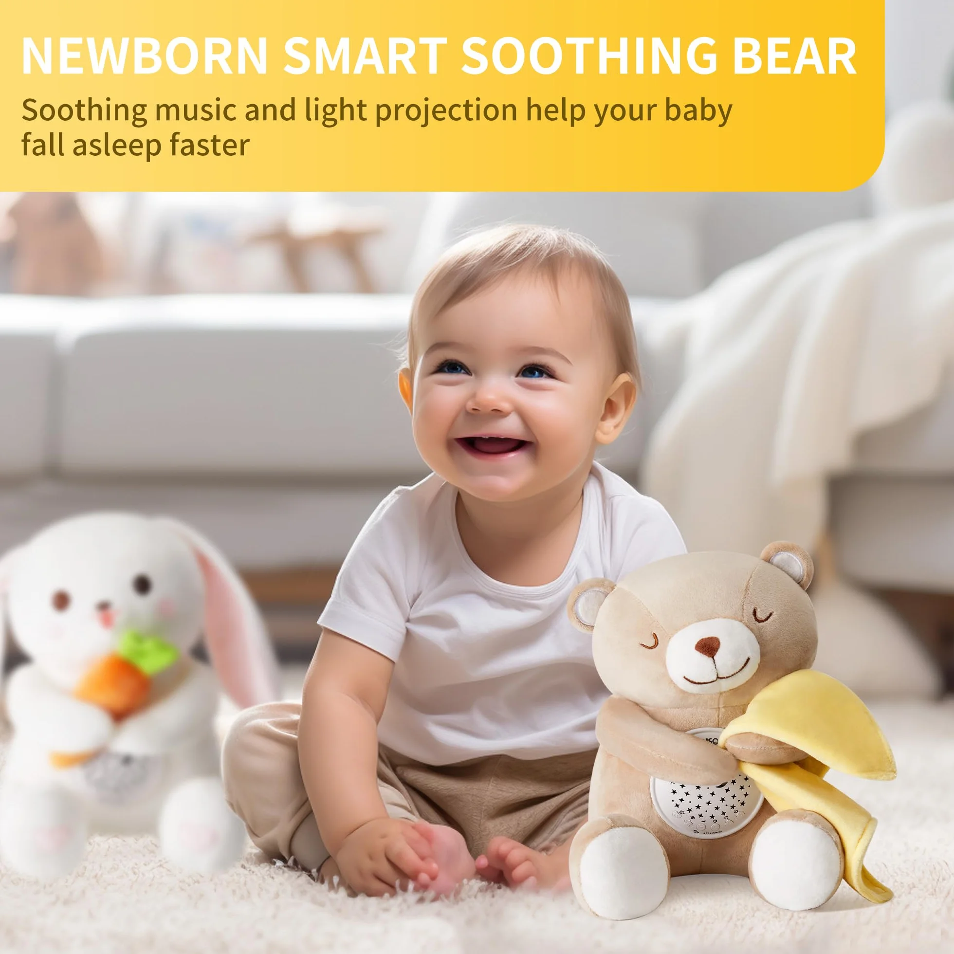 Peluche Bebés Musical APUNOL USB Recargable Proyector Luces y Musica Juguete Teddy con Sensor de Llanto 18 Canciones de Cuna
