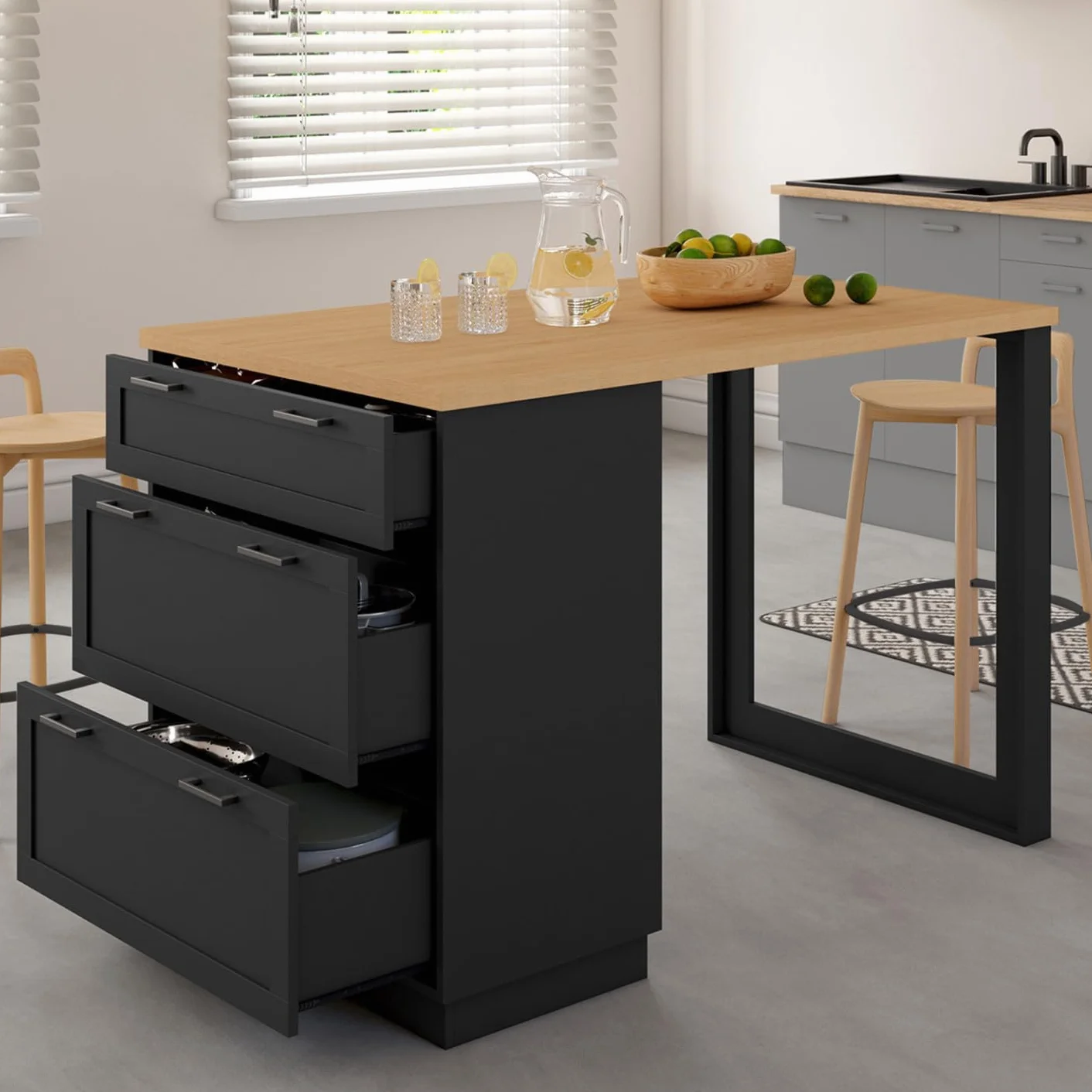 IDMarket – Ilot Central – Comedero de pie 4 personas VITO 130 cm cacerola 3 cajones negro y bandeja madera