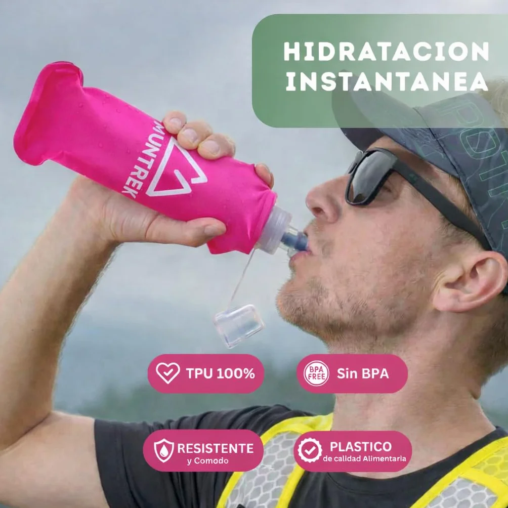 Soft Flask 500ml Pack de 2 con Pajita Extensible, Botellas Flexibles para Trail Running, TPU Sin BPA (Rosa)