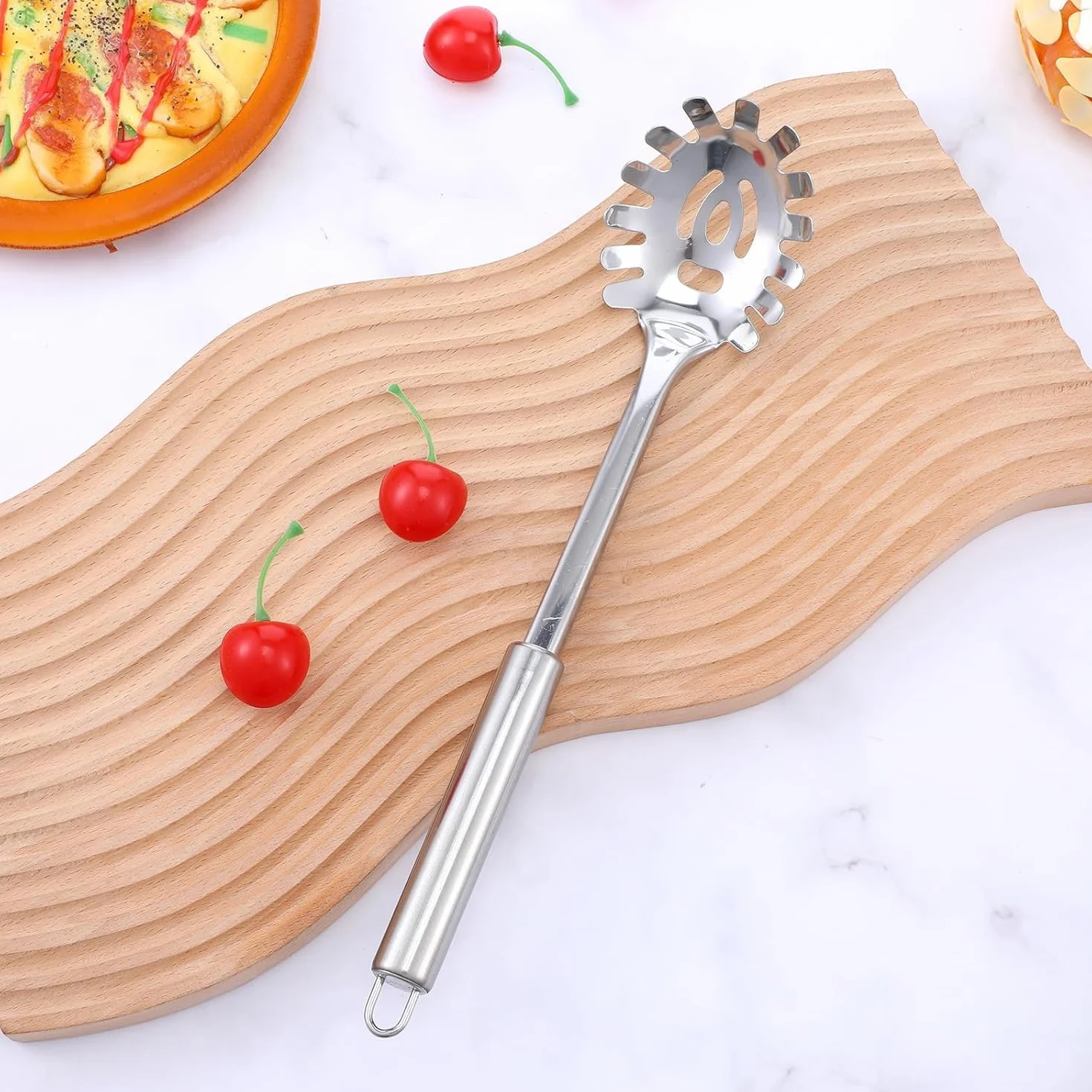 Cuchara de espagueti, cuchara de pasta, cortador de espaguetis, servidor de pasta de acero inoxidable duradero, servidor de tenedor de pasta, resistente al calor, 30 cm