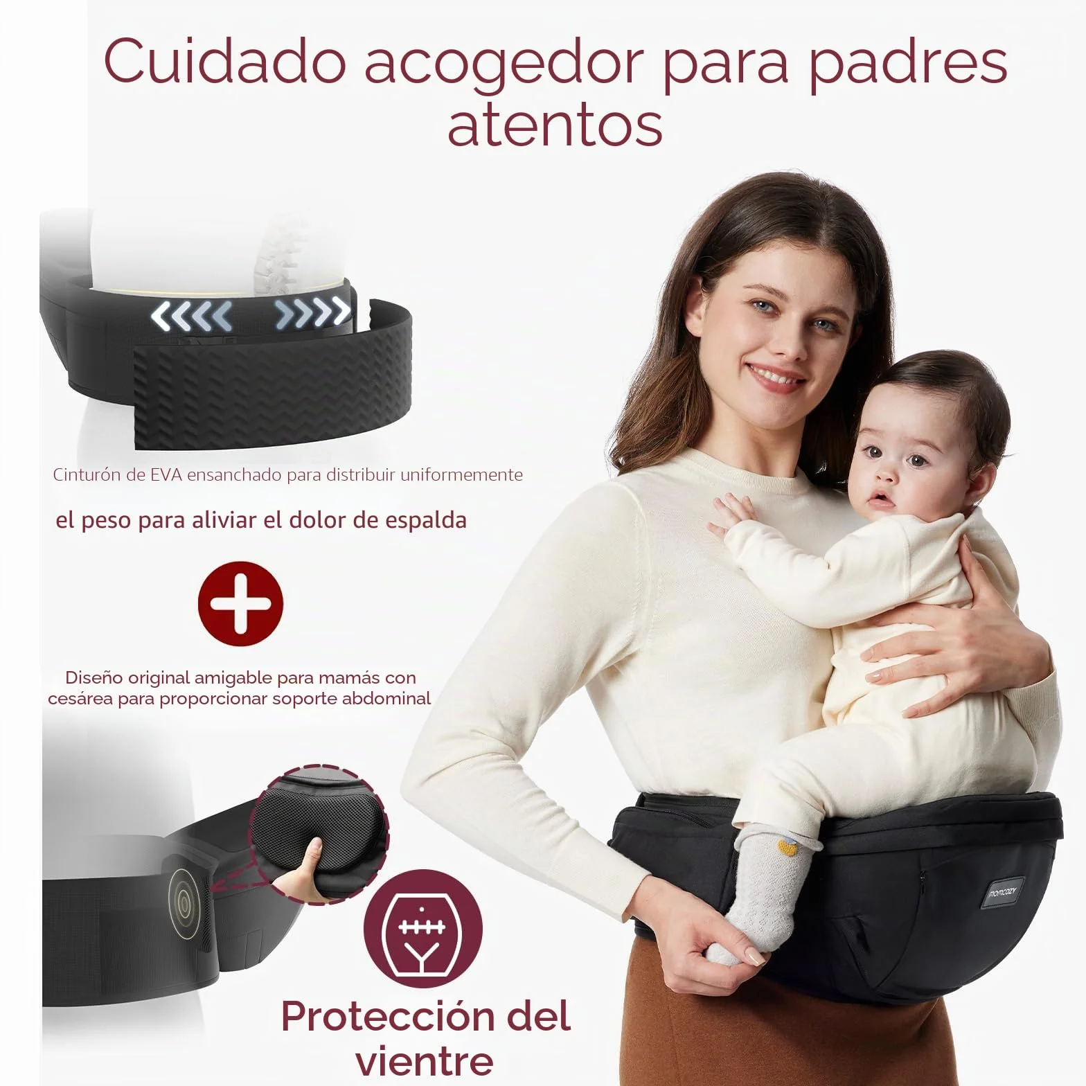 Portabebés Momcozy Ergonómico Ajustable con Protector de Vientre 3D Original para Recién Nacidos hasta 45lbs Negro Mediano