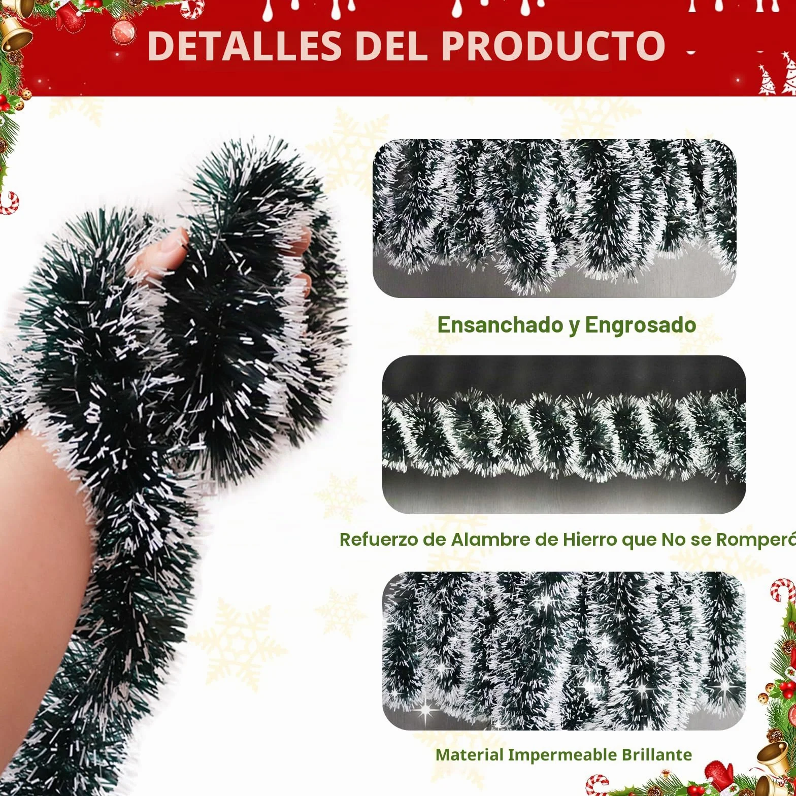 Guirnalda Navidad 10m + 24pcs Lazos Arbol Navidad Rojos, Grinalda Natal, Christmas Garland, Espumillón Verde Grueso, Decoración Navideña Guirnalda para Interior y Exterior, para Puertas Escaleras