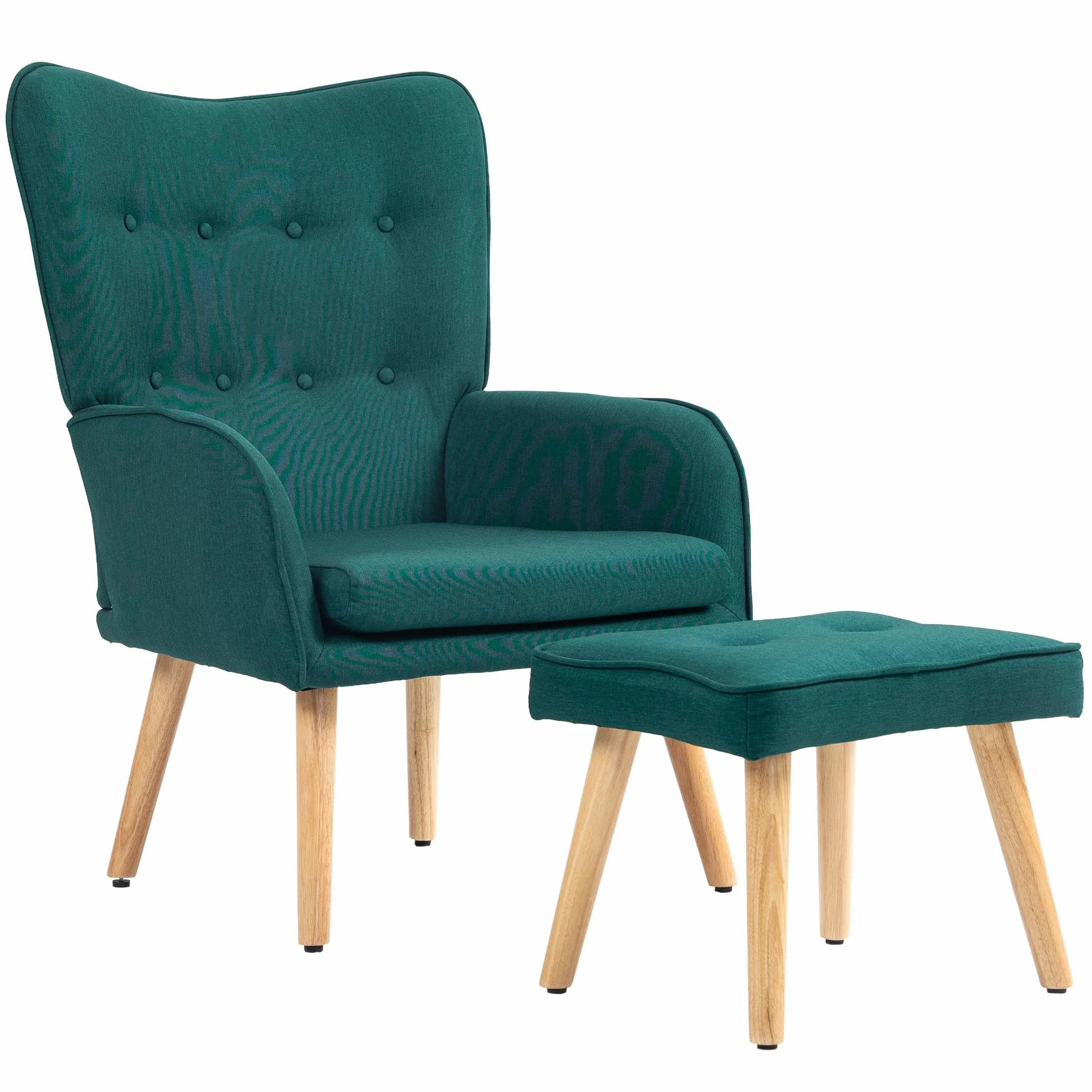 HOMCOM Sillón con Reposapiés Sillón Lectura con Respaldo Alto Capitoné Asiento Amplio Patas de Madera y Tapizado en Lino Butaca para Salón Dormitorio Oficina Verde Oscuro