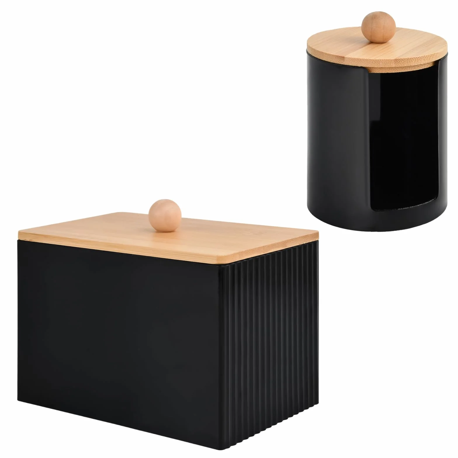 2 Piezas Organizador de Baño con Tapa, Dispensador de Bastoncillos, Organizador de Maquillaje Dispensadores de Discos Desmaquillantes per Bagno, Toletta, Soggiorno (Negro)