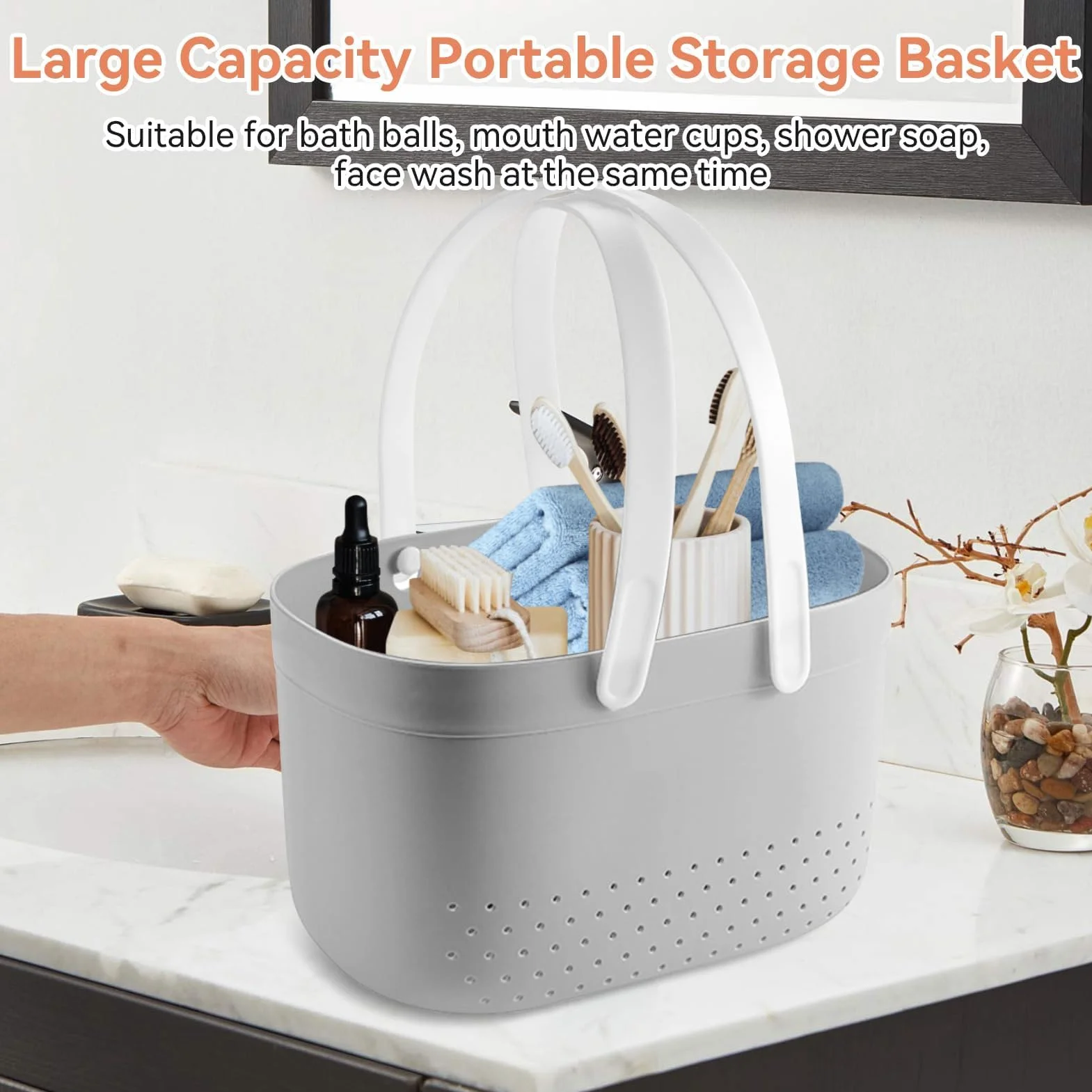 HERCHR Cesta Portátil para Carrito De Ducha, Cesta para Carrito De Ducha con Orificios De Ventilación, Cesta De Almacenamiento Portátil De Plástico De Gran Capacidad con Asas para Baño(Gris)