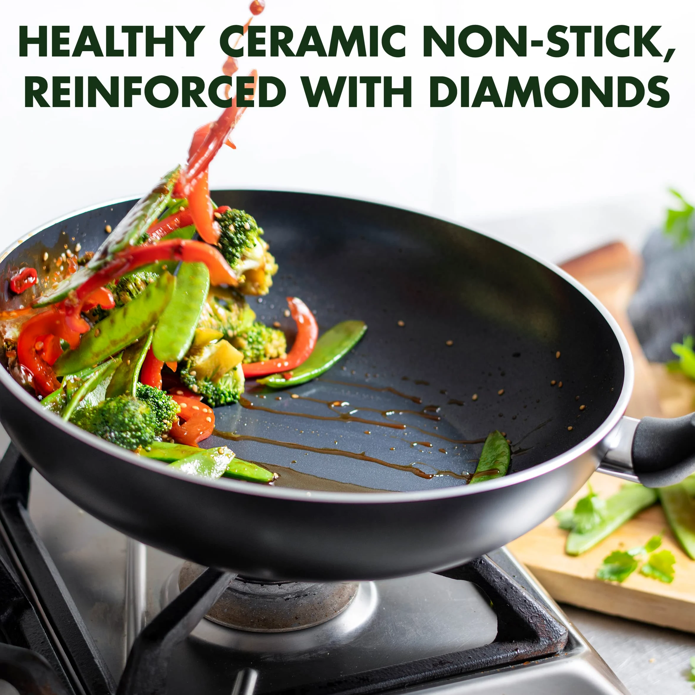 GreenPan Memphis Sartén Wok de Cerámica Saludable Antiadherente 30cm/3.6 Litros, Libre de PFAS, Inducción, Apta para Lavavajillas, Negro