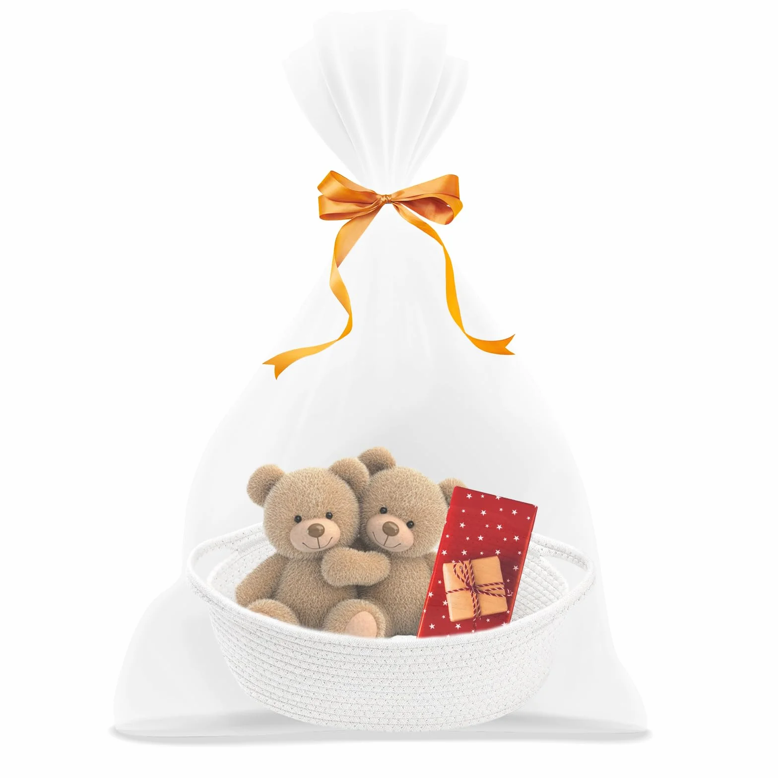 FRUHLING Cesta de regalo vacía trenzada con bolsas de celofán y lazo, almacenamiento cuerda algodón blanco