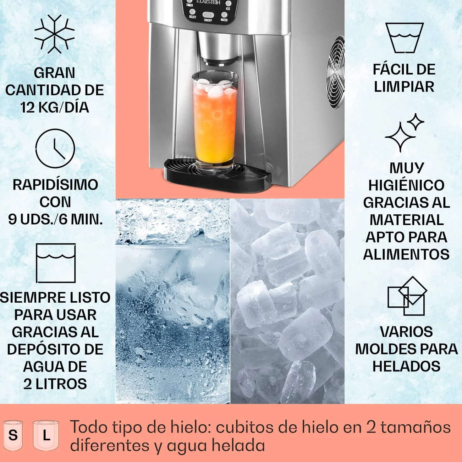 Klarstein Maquina de Hielo para Casa 2L, Ice Maker Encimera 12 kg, Maquina para Hacer Cubitos de Hielo Grandes para Casa con Panel Táctil y Sistema Auto Limpieza, Función Extra Rápida
