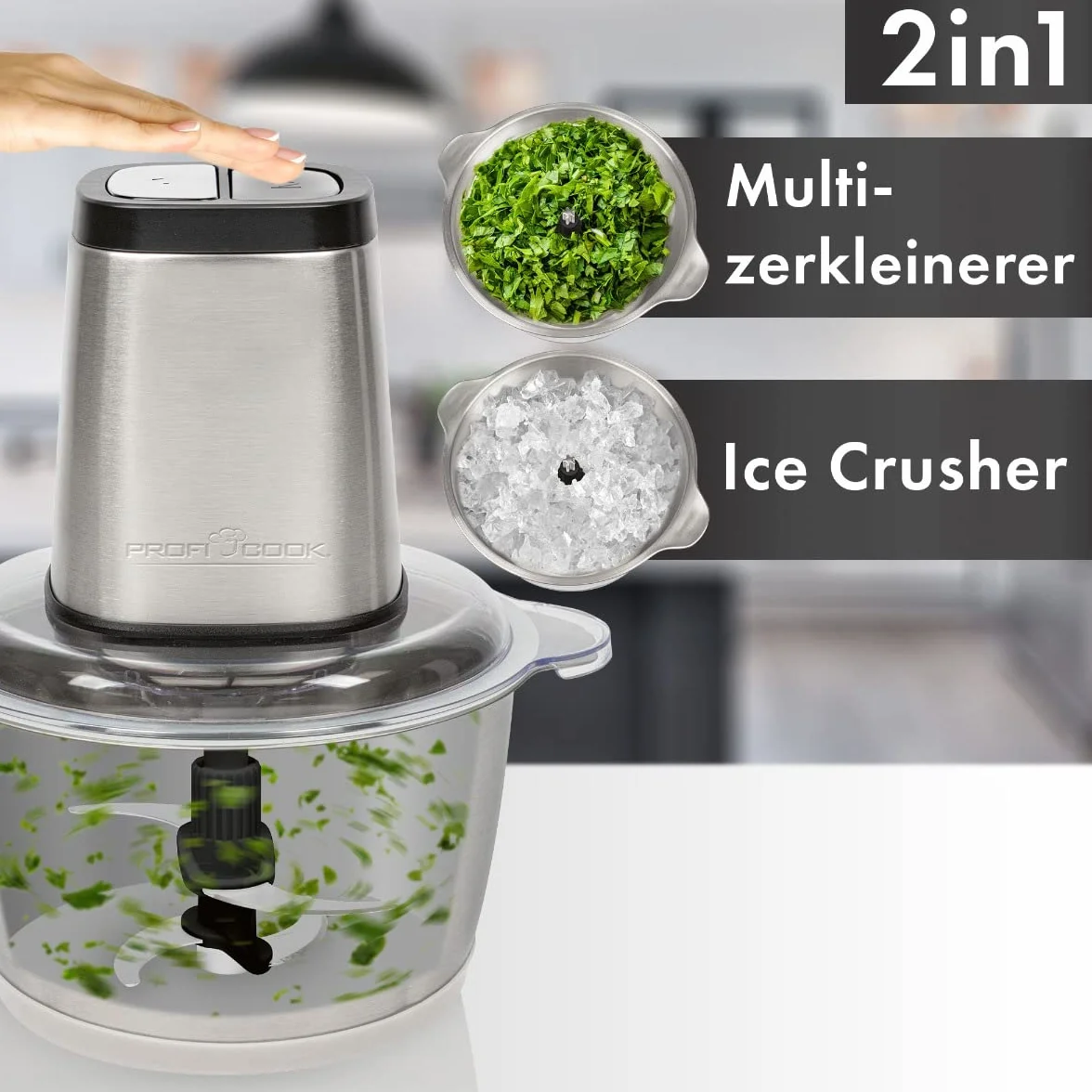 ProfiCook PC-MZ 1227 - Picadora eléctrica con función de trituración de hielo, cortador de verduras, recipiente de acero inoxidable de 1,7 l, cuchillo combinado para 2 o 4 cuchillas