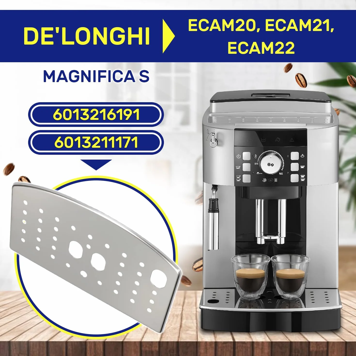 MONTERAL Rejilla de Bandeja de Goteo de Cafetera Superautomática con Código Original 6013216191 6013211171 para DeLonghi Magnifica S ECAM20 ECAM21 ECAM22 - Garantía de 10 Años