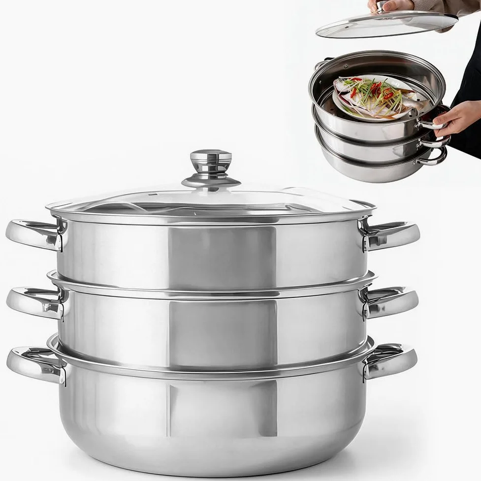 Cacerola de 28 cm de acero inoxidable para cocinar al vapor, sartén de 3 niveles con tapa, olla para cocinar verduras, mariscos, sopas, guisos y pasta