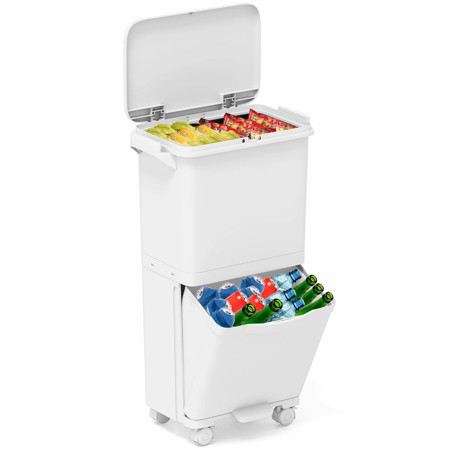 GIANTEX Cubo de Basura de Cocina 36 L, Papelera de Reciclaje con 3 Compartimentos, Pedal, Tapa y Ruedas, 3 Cubos Extraíbles, 42x29x74cm, Contenedor PP para Comedor, Oficina, Baño