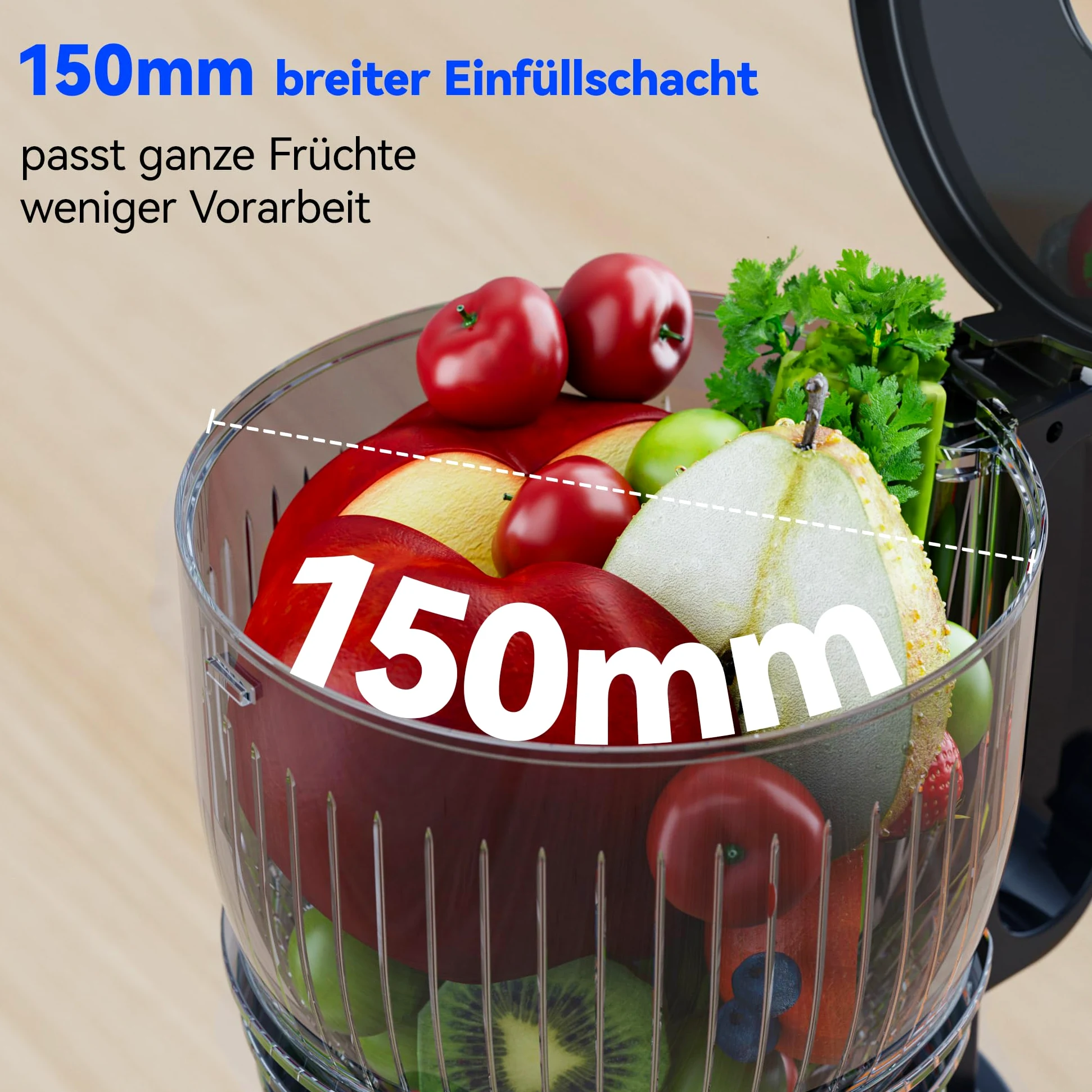 B Megajuicy - Exprimidor lento XL de 150 mm para frutas y verduras, con marcha atrás, libre de BPA, fácil de limpiar, incluye cepillo y 2 recipientes (550 ml, 450 ml), 300 W, para zumo y