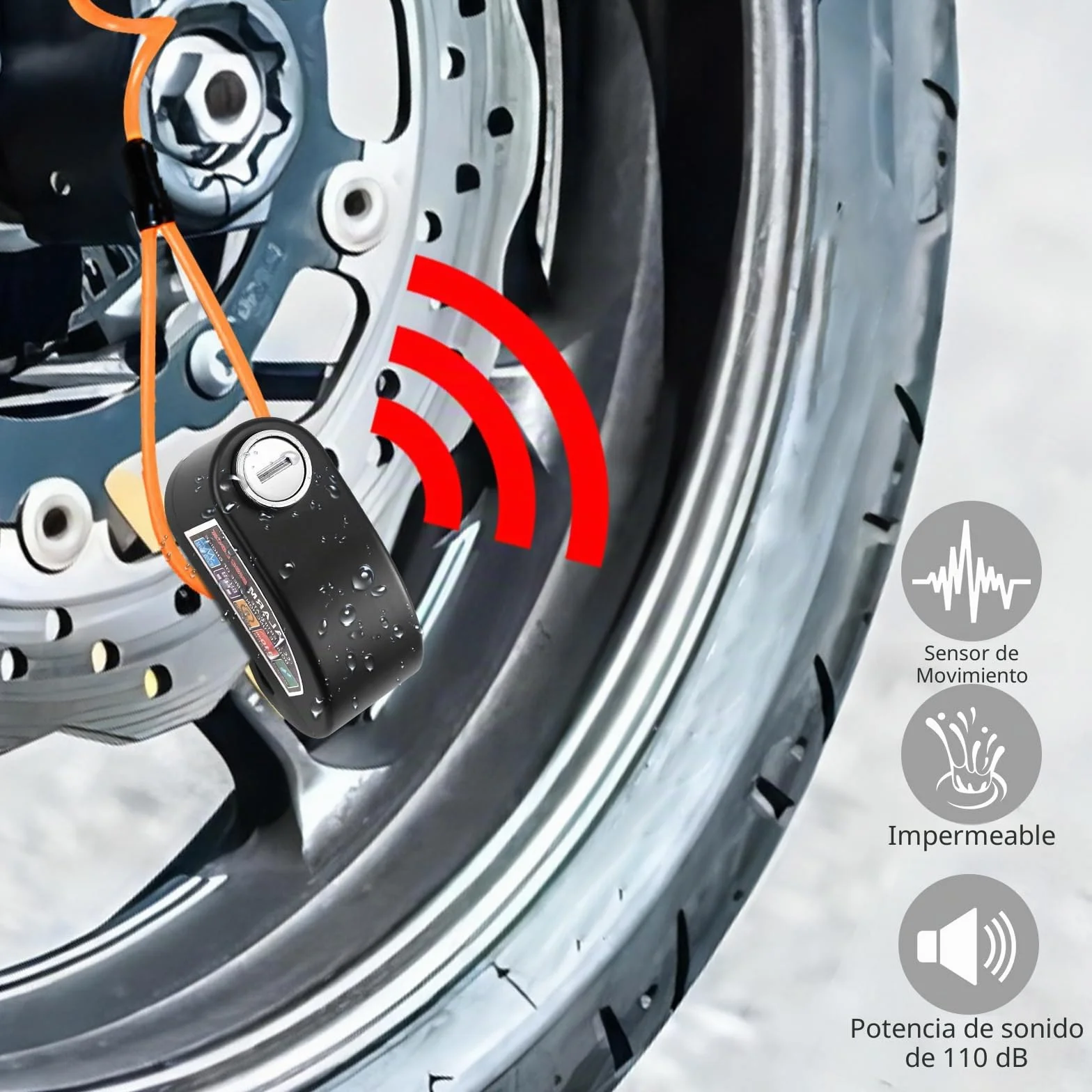 Justech Candado Moto Disco 110 DB Alarma 2 Modos + Candado Cadena Cable Recordatorio Bolsa Transporte Antirrobo Impermeable Alta Seguridad