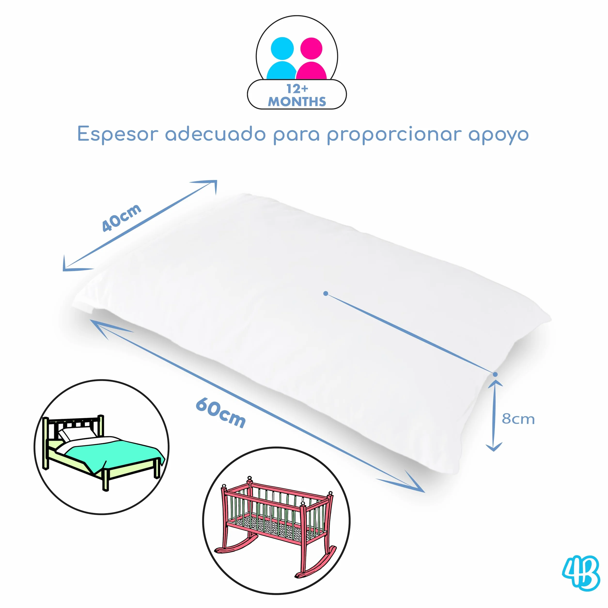 Almohada 40x60 Bebe Fibra Transpirable Hipoalergénico Forro 100% Algodón Italiano Antiácaros