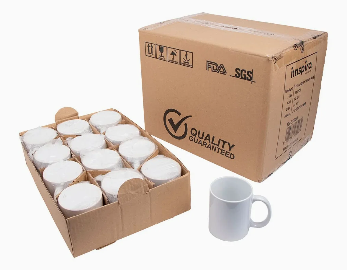 INNSPIRO Tazas cerámica blanca 325ml. Caja de 36u. Calidad máxima A+, de material cerámico personalizable mediante la técnica de sublimación