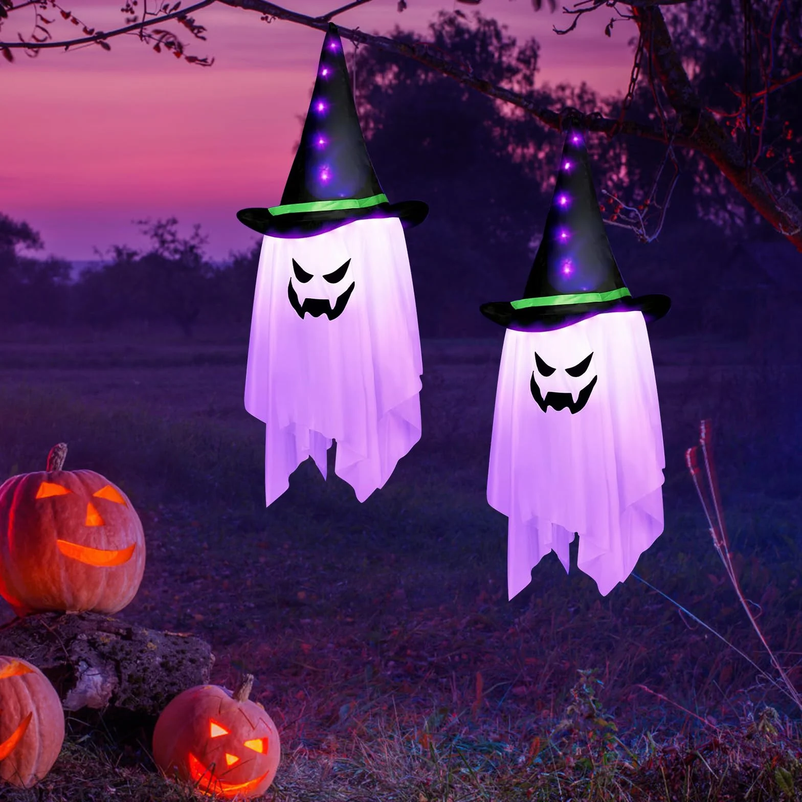 Fantasmas Colgantes De Halloween Con Luces LED - Decoración para Árbol, Jardín, Patio y Fiesta (Morado Fantasma)