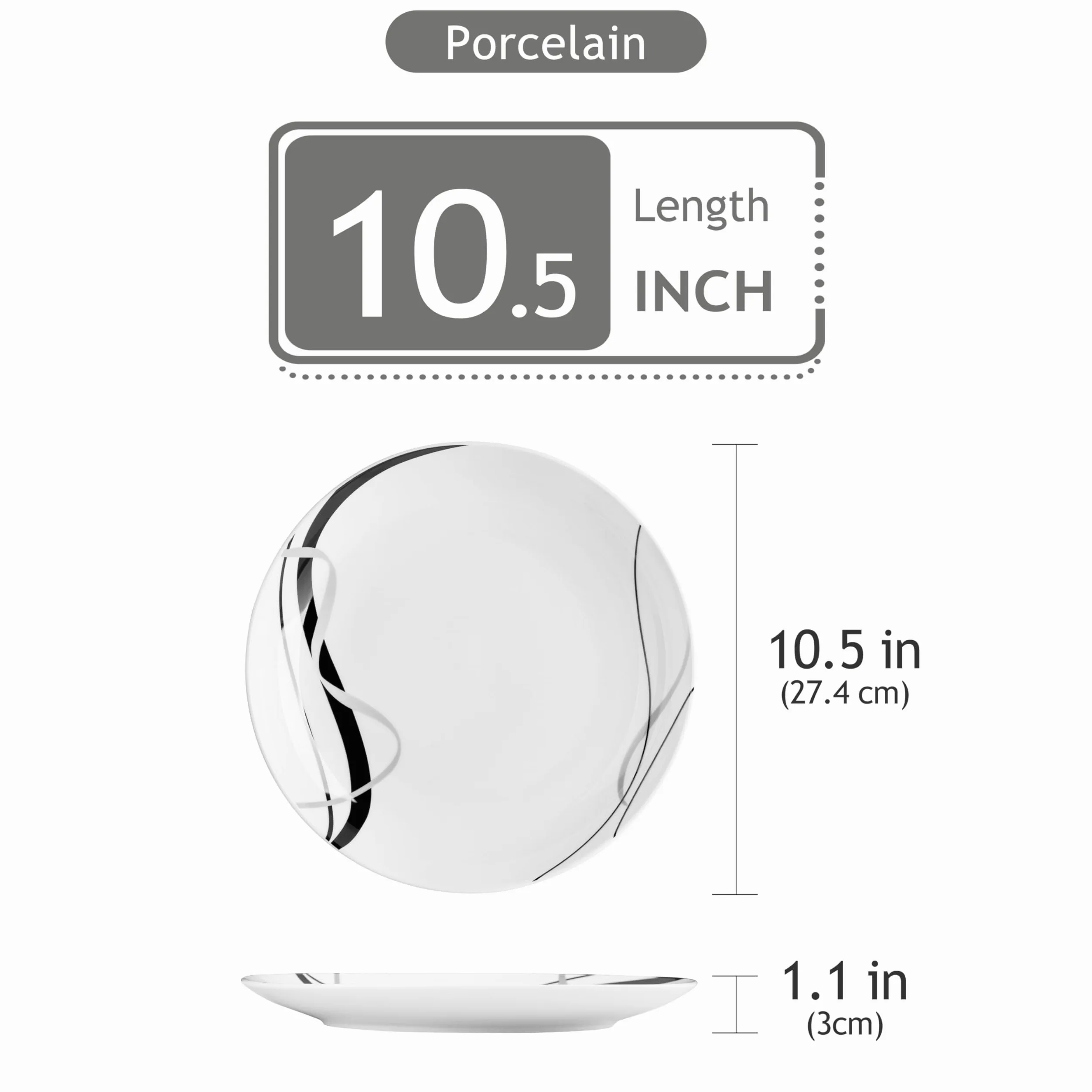 VEWEET Juego de 6 Platos Llanos, Platos de Porcelana 27,4 x 3 cm, Platos Redondos para 6 Personas Platos Modernos de Pasta con Líneas Negras y Plateadas, Aptos para Microondas y Lavavajillas, FIONA