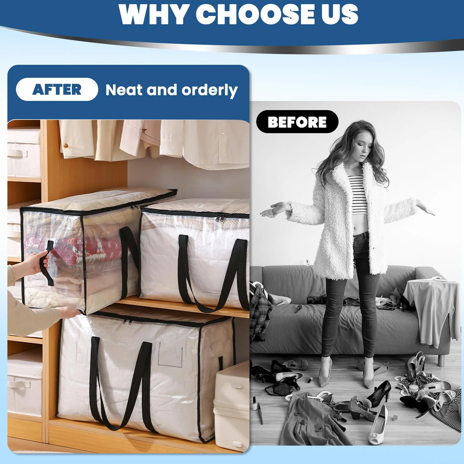 6 bolsas de almacenamiento grandes transparentes de 90 L, con cremallera y asas, para almacenamiento y transporte de ropa, ropa de cama, mudanzas